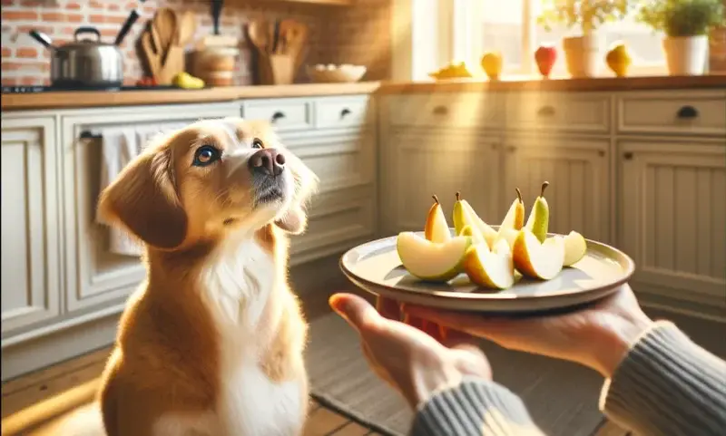 Ein neugieriger Hund blickt auf einen Teller mit frisch geschnittenen Birnen, eine Szene, die die sichere Fütterung von Hunden thematisiert, passend zum Artikel 'Dürfen Hunde Birnen essen?'."