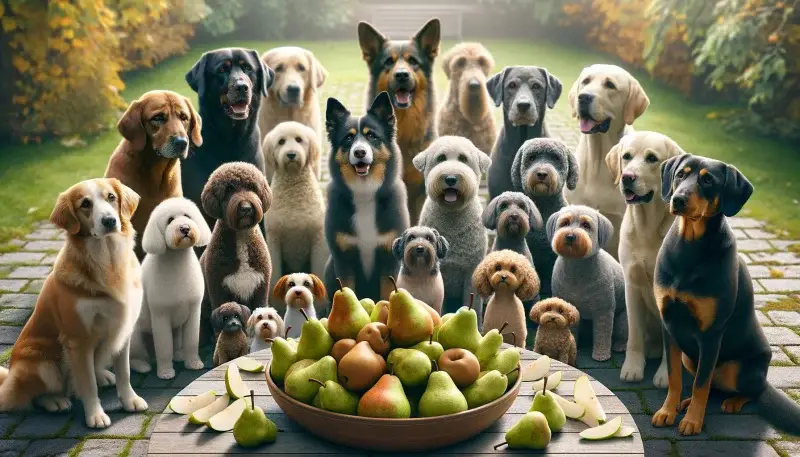 "Verschiedene Hunderassen versammelt um eine Schale mit Birnen, illustrierend die Vielfalt der Hunde, die sicher Birnen essen können, entsprechend dem Artikel 'Dürfen Hunde Birnen essen?'."