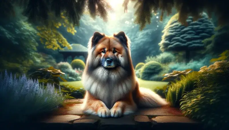 Ein Eurasier ruht in einem zauberhaften Garten, sein ruhiger Blick und die entspannte Haltung spiegeln den sanftmütigen und freundlichen Charakter der Rasse wider, umrahmt von der friedlichen Aura des morgendlichen Lichts.