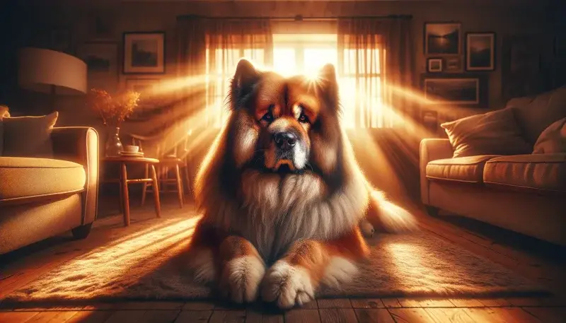 Ein Eurasier ruht gelassen auf einem flauschigen Teppich im sonnendurchfluteten Wohnzimmer, die warme Atmosphäre unterstreicht seinen entspannten Charakter und die gemütliche Anwesenheit, die er in jedes Heim bringt.