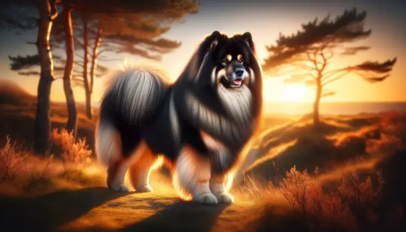 Ein majestätischer Eurasier steht im goldenen Licht eines Sonnenuntergangs, umgeben von einer malerischen Heidelandschaft mit silhouettierten Bäumen, die seine Schönheit und das harmonische Verhältnis zur Natur hervorheben.