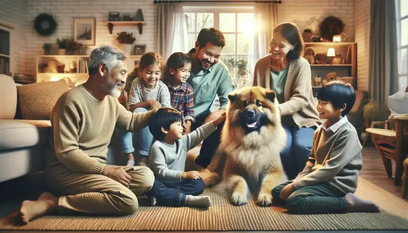 Eine fröhliche Familie verbringt Qualitätzeit zusammen im Wohnzimmer, wobei der Eurasier liebevoll im Mittelpunkt steht, umgeben von Kindern und Erwachsenen, die seine Gesellschaft genießen und seine freundliche Natur schätzen