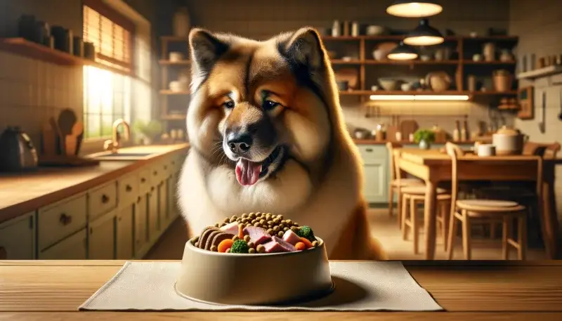 Ein freudiger Eurasier betrachtet eine Schüssel voller gesundem Hundefutter in einer warmen, einladenden Küche, was die Bedeutung einer ausgewogenen Ernährung für die Rasse hervorhebt.