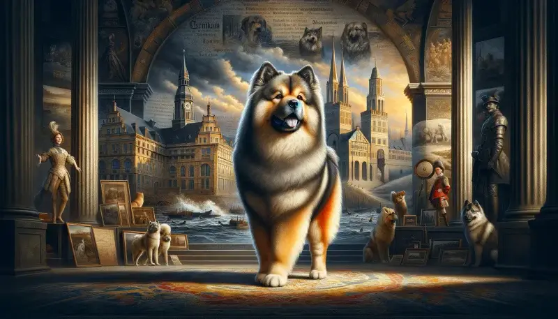 Ein Eurasier steht stolz im Zentrum einer reich verzierten Galerie, die die Geschichte und Kultur der Rasse feiert, mit Gemälden und Skulpturen, die wichtige Momente und Persönlichkeiten darstellen, die die Rasse geformt haben.