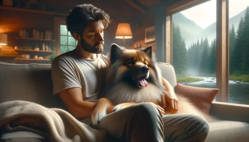 Ein Mann genießt eine ruhige, entspannte Zeit mit seinem Eurasier auf einem Sofa in einer gemütlichen Hütte mit Blick auf eine malerische Flusslandschaft, ein Bild des Friedens und der Zufriedenheit.