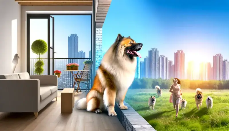 Ein Eurasier sitzt auf einer Balkonterrasse eines modernen Apartments, blickt hinaus auf eine städtische Skyline, während im Kontrast dazu eine Frau und mehrere Eurasier spielerisch auf einer sonnigen Wiese laufen, was die Rasse als idealen Begleiter sowohl für städtisches als auch für ländliches Wohnen darstellt.