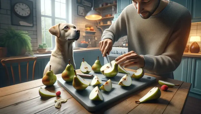 "Hund beobachtet aufmerksam, wie eine Person Birnen sicher für Hunde zubereitet, ein praktisches Beispiel für die Frage: Dürfen Hunde Birnen essen?"