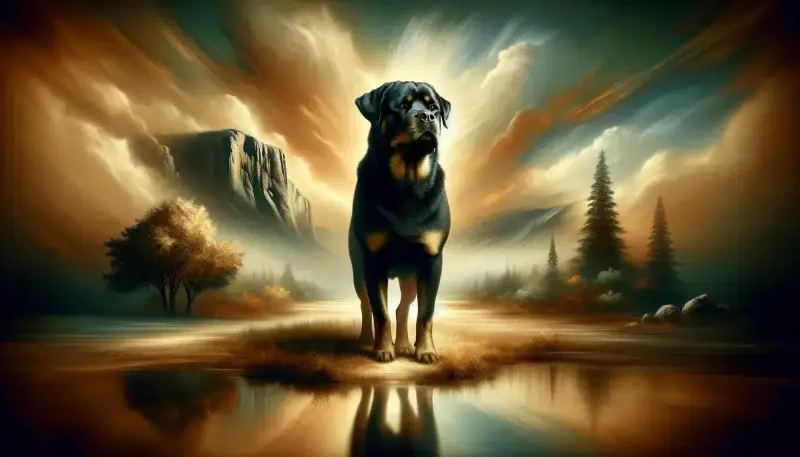 Ein majestätischer Rottweiler steht inmitten einer atemberaubenden, sonnendurchfluteten Landschaft mit dramatischem Himmel, reflektiert in einem stillen Gewässer, was die erhabene Schönheit der Rasse und ihre Naturverbundenheit symbolisiert.