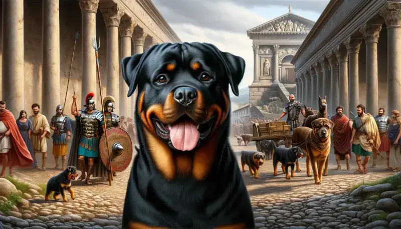 Ein Rottweiler steht im Vordergrund, während im Hintergrund realistisch dargestellte historische Szenen mit Rottweiler-Vorfahren, die mit römischen Legionären marschieren und in mittelalterlichen Dörfern Wachen und Karren ziehen, die lange und vielfältige Geschichte der Rasse illustrieren.