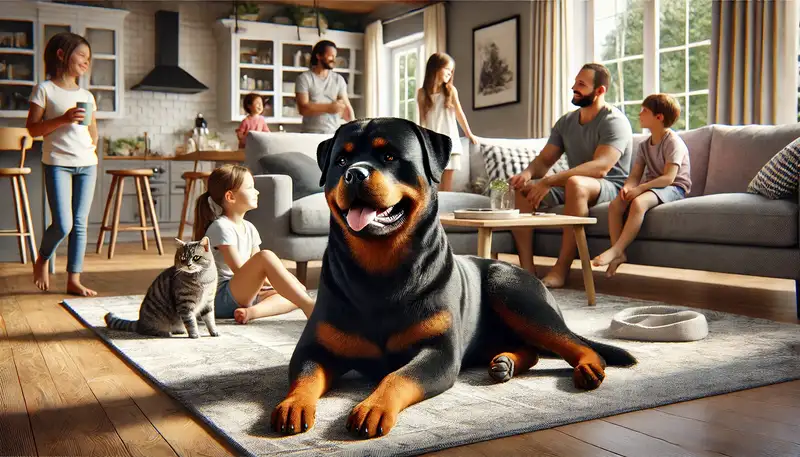 Bild zeigt einen glücklichen Rottweiler, der mit seiner Familie in einem gemütlichen Wohnzimmer interagiert. Der Rottweiler sitzt entspannt, umgeben von Familienmitgliedern, darunter Kinder und eine Katze. Natürliches Licht erfüllt den Raum und betont das glänzende Fell und den muskulösen Körperbau des Hundes. Im Hintergrund ist ein gut eingerichtetes Wohnzimmer mit bequemen Möbeln und familiären Aktivitäten zu sehen.