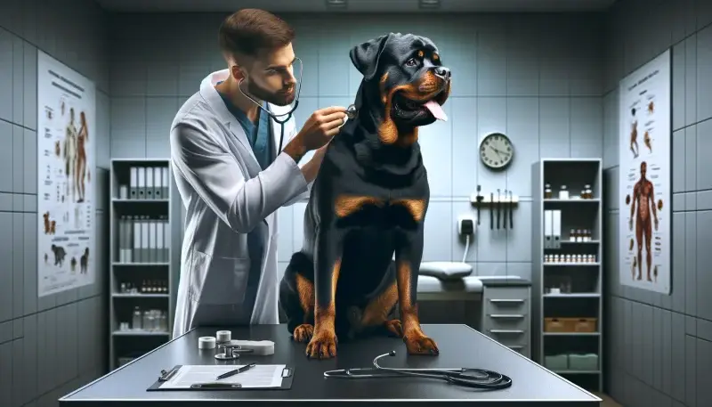 Ein Tierarzt untersucht sorgfältig einen Rottweiler in einer modern ausgestatteten Tierarztpraxis, was die Bedeutung regelmäßiger Gesundheitschecks des Rottweilers und die Fürsorge für die Rasse betont.