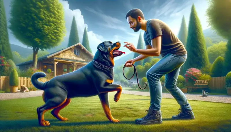 Ein Mann im Freien trainiert spielerisch seinen Rottweiler in einem üppig grünen Garten, eine Szene, die Bindung und effektives Training mit einem gehorsamen, freudigen Rottweiler vor einer idyllischen, ländlichen Kulisse darstellt.