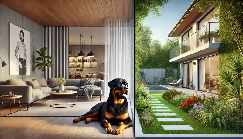 Ein majestätischer Rottweiler sitzt zufrieden im Vordergrund. Links ist ein moderner Wohnungsquerschnitt mit stilvollen Möbeln, Zimmerpflanzen und großen Fenstern zu sehen. Rechts zeigt sich ein geräumiges Haus mit einem gepflegten Garten, der durch ein großes Fenster sichtbar ist. Die beiden Wohnsituationen sind klar voneinander getrennt, wodurch ein auffälliger Kontrast zwischen der Wohnung und dem Haus mit Garten entsteht.