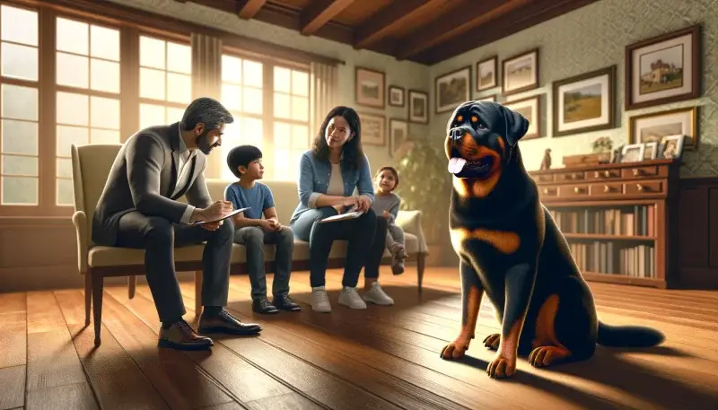 Eine Familie wird von einem seriösen Rottweiler-Züchter beraten, während der gutmütige Rottweiler aufmerksam dabei ist. Ein Bild des Vertrauens und des verantwortungsbewussten Umgangs mit der Rasse.