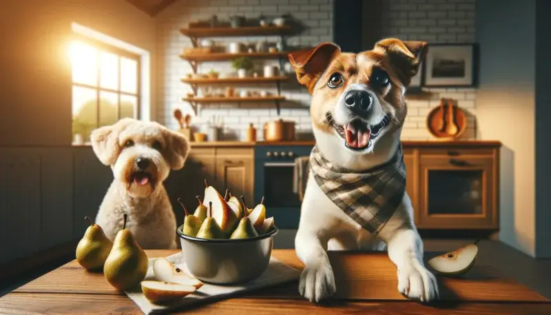 Zwei glückliche Hunde neben einer Schüssel mit frischen Birnenstücken, ein ansprechendes Bild, das die Frage beantwortet: Dürfen Hunde Birnen essen?"
