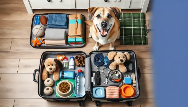 "Freudiger Hund neben einem geöffneten Koffer gepackt mit Reisezubehör für Haustiere – ideale Vorbereitung für einen Urlaub mit Hund Geheimtipp"