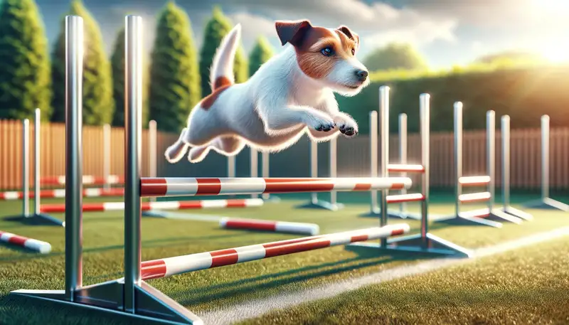 "Ein Jack Russell Terrier demonstriert seine beeindruckende Sprungkraft und Agilität auf einem Agility-Parcours, ein lebendiges Beispiel für die sportliche Natur und Trainierbarkeit der Rasse."