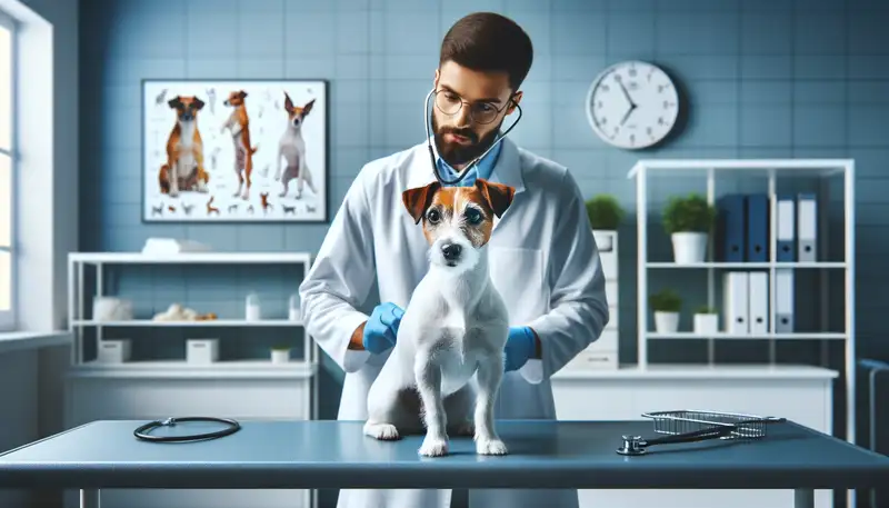 "Ein aufmerksamer Jack Russell Terrier wird von einem Tierarzt in einer modernen Tierklinik untersucht, umgeben von spezialisierten Diagrammen der Rasse, die ein professionelles und fürsorgliches Gesundheitsumfeld widerspiegeln."