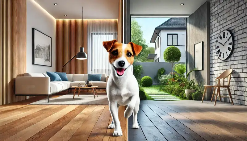 Bild eines Jack Russell Terriers im Vordergrund, der aktiv und verspielt ist. Im Hintergrund sind zwei nahtlos verschmolzene Szenen zu sehen: auf der einen Seite ein gemütliches, modernes Wohnzimmer mit stilvollem Design und natürlichem Licht durch große Fenster, auf der anderen Seite ein gepflegter Garten eines Hauses, der viel Platz zum Spielen bietet.