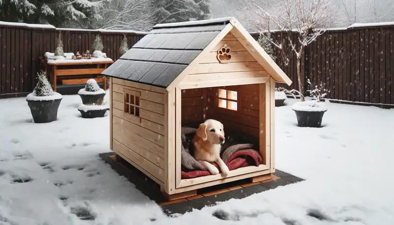 Gut isolierte Hundehütte für kalte Klimazonen in einem verschneiten Garten, mit einem Hund gemütlich im Inneren.“