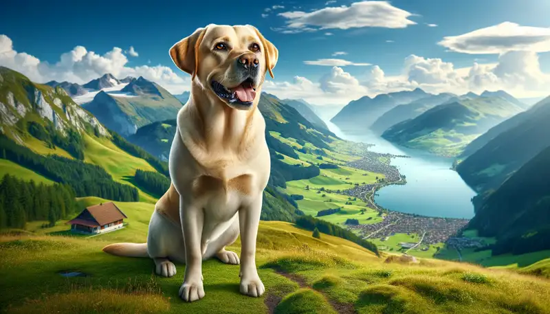 Bild eines Labrador-Retrievers in einer atemberaubenden Landschaft. Der Hund steht stolz auf einem Hügel mit einem Panoramablick auf Berge, einen See und ein üppig grünes Tal. Der Labrador hat ein glänzendes Fell und sieht glücklich und energiegeladen aus. Der Hintergrund umfasst einen strahlend blauen Himmel mit ein paar weißen Wolken, was eine atemberaubende und friedliche Atmosphäre schafft.