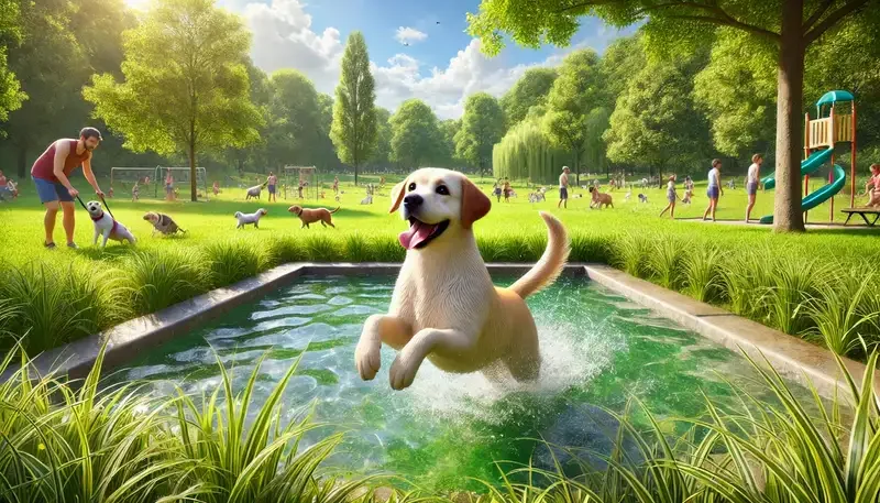Bild eines verspielten Labrador Retrievers, der in einen Teich springt, um seine Liebe zum Wasser und Schwimmen zu zeigen. Die Szene spielt in einem üppigen grünen Park an einem sonnigen Tag, mit lebendigem grünem Gras, hohen Bäumen und klarem blauem Himmel. Im Hintergrund genießen andere Hunde und Familien den schönen Tag im Park. 