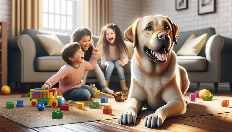 Ein super fotorealistisches Bild eines Labrador-Retrievers, der mit Kindern in einem gemütlichen Wohnzimmer spielt. Der Hund sieht glücklich und engagiert aus, mit glänzendem Fell und freundlichem Ausdruck. Die Kinder lachen und haben Spaß, was eine warme und freudige Atmosphäre schafft. Spielzeug ist verstreut, und im Hintergrund sieht man ein bequemes Sofa und ein Fenster, das natürliches Licht hereinlässt.
