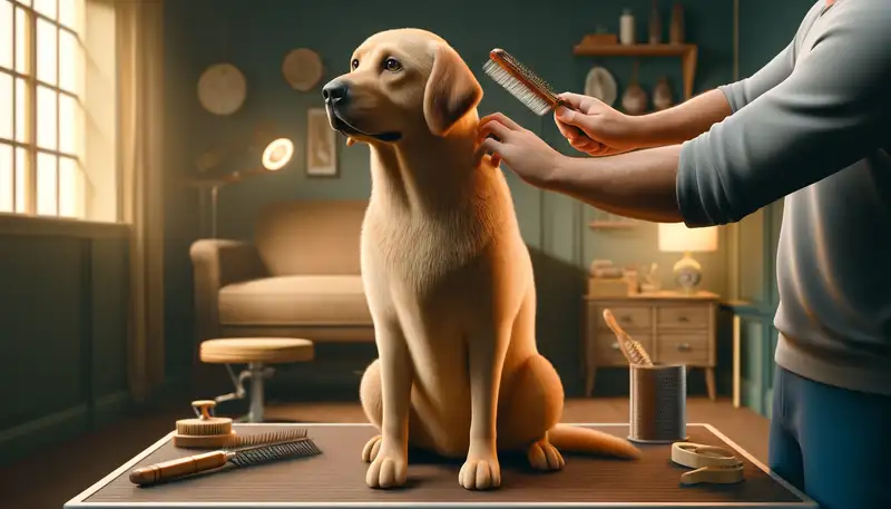 Ein super fotorealistisches Bild eines Labrador-Retrievers, der gepflegt wird. Der Hund sitzt ruhig, während sein Besitzer ihn bürstet. Der Hintergrund zeigt eine gemütliche häusliche Umgebung mit typischen Pflegewerkzeugen wie einer Bürste und einem Pflegetisch. Der Labrador sieht zufrieden und entspannt aus, mit einem glänzenden, gut gepflegten Fell. Die Szene ist warm und einladend und zeigt die Bindung zwischen dem Hund und seinem Besitzer während der Pflege.