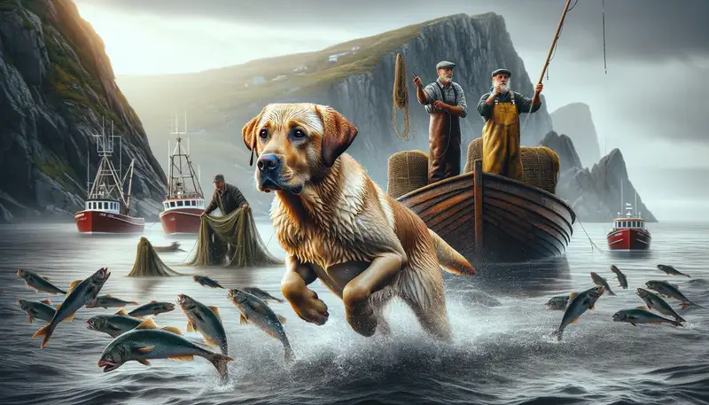 Bild eines Labrador-Retrievers in seiner ursprünglichen Heimat Neufundland. Der Hund hilft Fischern, indem er Fische aus dem Wasser apportiert und Netze einholt. Im Hintergrund sieht man eine zerklüftete Küste mit Fischerbooten, Fischer in traditioneller Kleidung und einen nebligen, bedeckten Himmel. Der Labrador wirkt konzentriert und energiegeladen, mit Wassertropfen auf seinem glänzenden, gut definierten Fell.