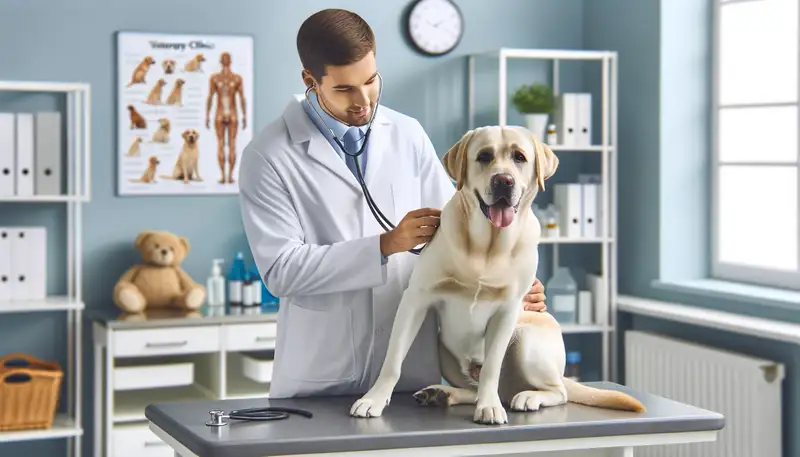 Ein super fotorealistisches Bild eines Labrador-Retrievers, der in einer Tierarztpraxis untersucht wird. Der Hund sitzt ruhig auf einem Untersuchungstisch, während der Tierarzt, der einen weißen Kittel und ein Stethoskop trägt, seine Gesundheit überprüft. Der Hintergrund zeigt typische veterinärmedizinische Elemente wie Gesundheitsdiagramme für Haustiere, medizinische Geräte und eine saubere, professionelle Umgebung. Der Labrador wirkt entspannt und kooperativ, was die Fürsorge und Aufmerksamkeit während des Gesundheitschecks unterstreicht.