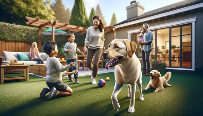Bild eines Labrador-Retrievers, der mit einer Familie interagiert. Die Szene zeigt den Hund, der glücklich mit Kindern im Garten spielt, während andere Familienmitglieder zuschauen und sich beteiligen. Der Labrador wirkt freudig und energiegeladen, mit glänzendem Fell und ausdrucksstarken Augen. Der Hintergrund umfasst eine gemütliche Haus- und Gartenumgebung, was eine warme und einladende Atmosphäre schafft und die soziale und emotionale Verbindung des Hundes mit der Familie hervorhebt.