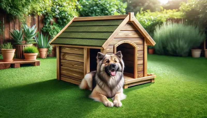 Robuste und wetterbeständige Outdoor-Hundehütte aus Holz in einem gepflegten Garten, mit einem glücklichen Hund davor.“