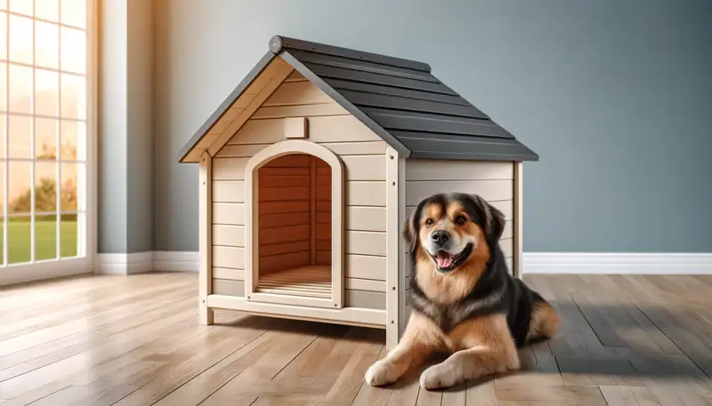 „Hochwertige Hundehütte aus langlebigen Materialien mit erhöhtem Boden und abnehmbarem Dach, mit einem zufriedenen Hund davor.“