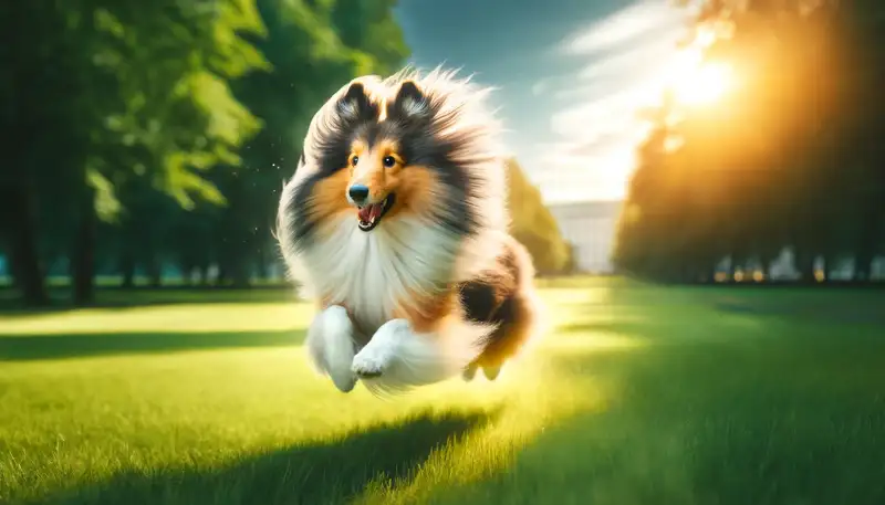 "Ein Shetland Sheepdog rennt freudig über eine sonnendurchflutete Wiese, mit lebhaftem Ausdruck und fliegendem Fell. Die dynamische Pose des Hundes und das warme Sonnenlicht, das die Szene erhellt, vermitteln ein Gefühl von Energie und Lebensfreude."