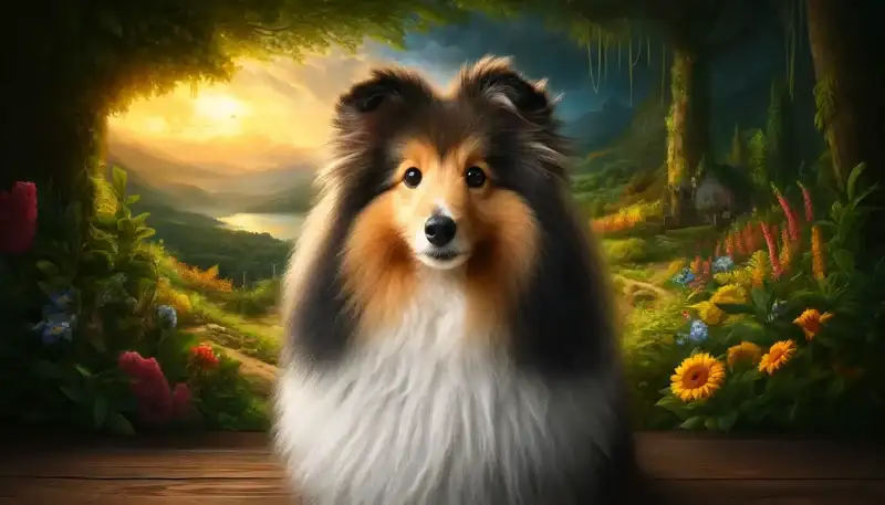 Ein Shetland Sheepdog sitzt zentral vor einer beeindruckenden, dramatischen Landschaft, die schottische Berge und blühende Wiesen zeigt. Der Hund blickt freundlich in die Kamera, während im Hintergrund ein Sonnenuntergang die Szene beleuchtet."