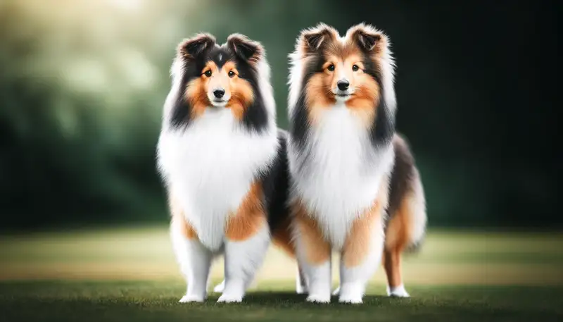 "Zwei Shetland Sheepdogs stehen nebeneinander auf einer grünen Wiese. Beide Hunde haben ein flauschiges Fell und blicken aufmerksam in die Kamera. Die Umgebung ist unscharf, was die Hunde hervorhebt und ihre elegante Erscheinung betont."