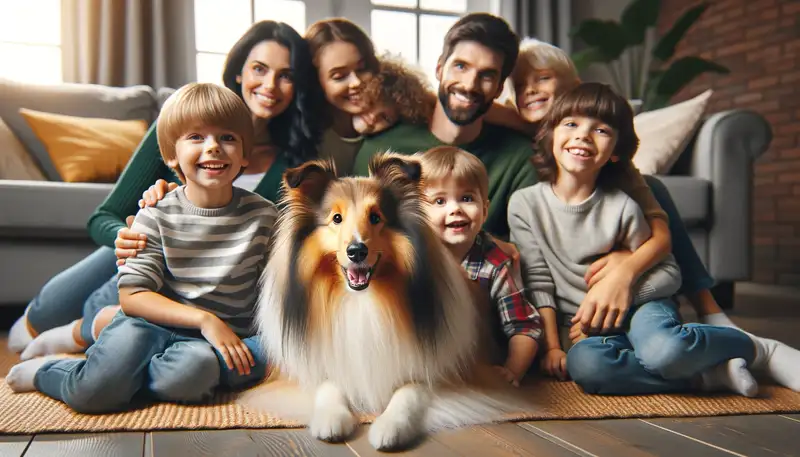 "Ein fröhlicher Shetland Sheepdog sitzt inmitten einer lächelnden Familie mit Erwachsenen und Kindern in einem gemütlichen Wohnzimmer. Der Hund strahlt, umgeben von der Familie, die ihn umarmt und freudig mit ihm interagiert, was eine warme und liebevolle Atmosphäre schafft."