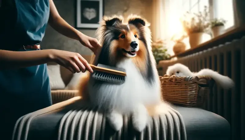 "Ein Shetland Sheepdog wird liebevoll von einem Besitzer gebürstet, der in einem gemütlichen Wohnzimmer steht. Der Hund sitzt entspannt auf einem Sofa und genießt die Pflege, während natürliches Licht durch ein Fenster strömt, das den Raum und das glänzende Fell des Hundes erhellt."