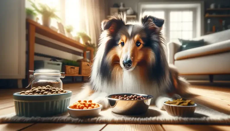 Ein Shetland Sheepdog sitzt neben mehreren Futterschüsseln in einem sonnendurchfluteten Wohnzimmer. Der Hund schaut aufmerksam, umgeben von einer Auswahl an Hundefutter, was die Bedeutung einer ausgewogenen Ernährung für die Rasse unterstreicht.