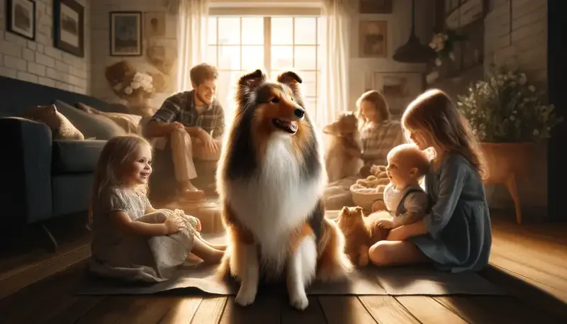 Ein Shetland Sheepdog sitzt mitten in einem lebendigen Familienzimmer, umgeben von einer Familie, die entspannt und spielt. Der Hund, positioniert im Herzen des Raumes, schaut aufmerksam und fröhlich, während Lichtstrahlen durch die Fenster fließen und eine warme, einladende Atmosphäre schaffen