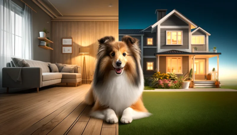 "Ein Shetland Sheepdog sitzt in der Mitte einer geteilten Szene, die nahtlos ein gemütliches Innenwohnzimmer und einen gepflegten Außenbereich eines modernen Hauses verbindet. Der Hund blickt freundlich in die Kamera, strahlend und glücklich, was die Vielseitigkeit und Anpassungsfähigkeit der Rasse an verschiedene Wohnsituationen symbolisiert."