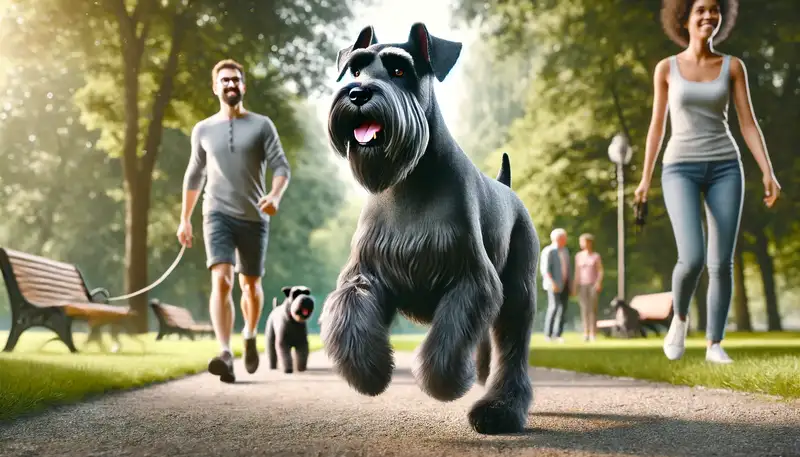 Bild eines Riesenschnauzers, der energisch durch einen Park läuft, begleitet von seinem Besitzer. Der Hund hat einen wachsamen und fröhlichen Ausdruck, der seine aktive und freundliche Natur widerspiegelt. Im Hintergrund sind weitere Spaziergänger und die üppige grüne Parklandschaft zu sehen, die die vielseitige und anpassungsfähige Persönlichkeit des Riesenschnauzers betont.