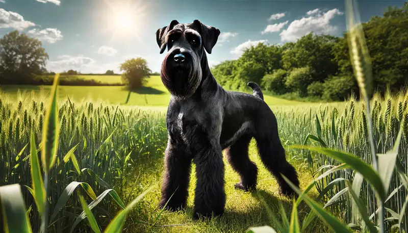 Ein majestätischer Riesenschnauzer steht in einem üppigen, grünen Feld unter der strahlenden Sonne. Der Hund hat einen kraftvollen, muskulösen Körperbau und glänzendes, drahtiges schwarzes Fell. Er blickt aufmerksam in die Ferne, zeigt seine natürliche Eleganz und beeindruckende Statur. Die umgebende Landschaft betont seine auffällige Präsenz und macht ihn zum Mittelpunkt der Szene.
