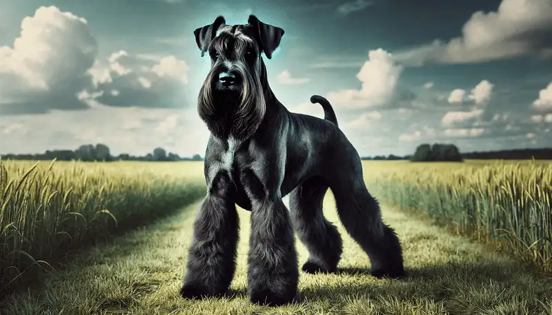 Ein majestätischer Riesenschnauzer steht stolz in einem Feld. Der Hund hat einen kraftvollen, muskulösen Körperbau und glänzendes, drahtiges schwarzes Fell. Seine natürlichen, aufrechten Ohren, markanten Augenbrauen und der buschige Bart sind deutlich sichtbar und verleihen ihm einen wachsamen und zugleich edlen Ausdruck. Im Hintergrund erstreckt sich eine weite, üppige Landschaft, die die imposante Präsenz des Hundes noch stärker betont und ihn zum Mittelpunkt des Bildes macht. Die Szene ist fotorealistisch und fesselnd, was die majestätische und starke Erscheinung des Hundes unterstreicht.