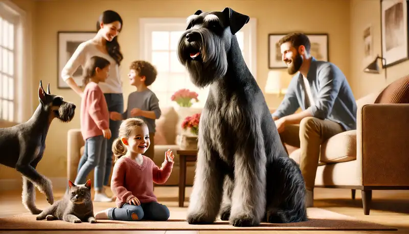 Bild eines Riesenschnauzers in einer liebevollen Familienszene. Der Hund sitzt glücklich in einem gemütlichen Wohnzimmer, umgeben von Familienmitgliedern. Kinder spielen um den Hund herum, der ruhig und freundlich ist. Im Hintergrund ist ein weiteres Haustier, wie eine Katze, zu sehen, die ebenfalls entspannt wirkt. Die Szene ist warm und harmonisch und betont die Integration des Riesenschnauzers in die Familie sowie seine Verträglichkeit mit Kindern und anderen Haustieren.