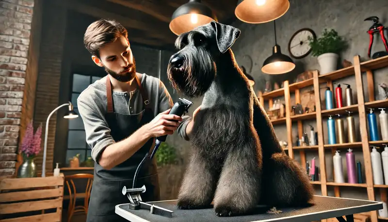 Bild eines Riesenschnauzers, der eine Fellpflege erhält. Der Hund sitzt auf einem Pflegetisch in einem gemütlichen Salon. Ein professioneller Hundefriseur trimmt sanft das drahtige, schwarze Fell des Hundes. Der Riesenschnauzer wirkt entspannt und zufrieden, während er die Aufmerksamkeit und Pflege genießt. Im Hintergrund sind Pflegetools und eine gut beleuchtete, einladende Atmosphäre zu sehen, die die Wichtigkeit regelmäßiger Fellpflege für diese Rasse betont.