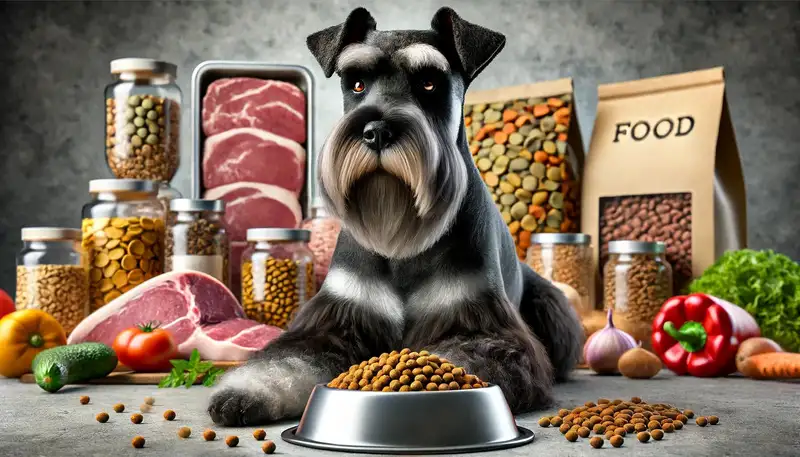 Bild eines Riesenschnauzers, der vor einem gefüllten Futternapf sitzt. Der Hund wirkt zufrieden und gespannt auf seine Mahlzeit, die aus hochwertigem, natürlichem Futter besteht. Im Hintergrund sind verschiedene Futterbestandteile wie frisches Fleisch, Gemüse und Nahrungsergänzungsmittel zu sehen. Die Szene unterstreicht die Bedeutung einer ausgewogenen und rassespezifischen Ernährung für den Riesenschnauzer.