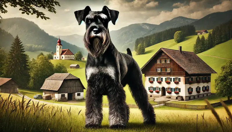 Ein majestätischer Riesenschnauzer steht stolz im Vordergrund vor einer historischen Kulisse. Der Hund hat einen kraftvollen, muskulösen Körperbau und glänzendes, drahtiges schwarzes Fell. Seine Ohren sind natürlich und gut definiert. Im Hintergrund ist eine traditionelle bayerische Hofszene mit einer alten Scheune, üppigen grünen Feldern und malerischer Landschaft zu sehen. Die Umgebung reflektiert die historischen Ursprünge der Rasse und betont ihre Rolle als vielseitiger und loyaler Hofhund. Die Landschaft und traditionellen Gebäude heben die beeindruckende Präsenz des Hundes hervor und machen ihn zum Mittelpunkt des Bildes.