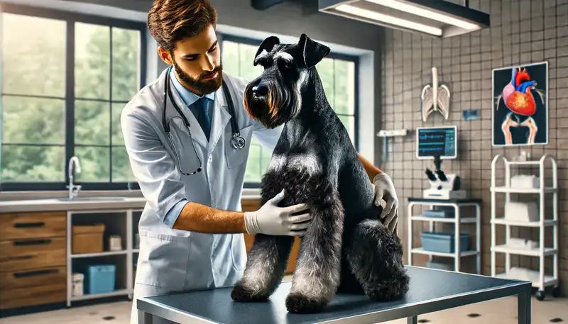 Bild eines Riesenschnauzers, der in einer Tierarztpraxis untersucht wird. Der Hund sitzt ruhig auf einem Untersuchungstisch, während der Tierarzt sanft seine Hüfte und Gelenke kontrolliert. Die Szene zeigt das Engagement für die Gesundheitsvorsorge dieser Rasse und die Bedeutung regelmäßiger Untersuchungen. Im Hintergrund sind typische tierärztliche Geräte und eine saubere, gut beleuchtete Klinikumgebung zu sehen.