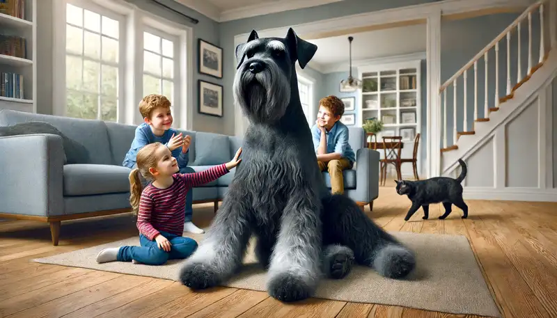 Bild eines Riesenschnauzers, der entspannt in einem Wohnzimmer sitzt, umgeben von Kindern, die ihn liebevoll streicheln. Der Hund wirkt ruhig und zufrieden, während im Hintergrund eine Katze vorbeiläuft. Die Szene zeigt die harmonische Integration des Riesenschnauzers in die Familie und seine freundliche Interaktion mit Kindern und anderen Haustieren. Die Größenverhältnisse zwischen dem Hund, den Kindern und der Katze sind realistisch dargestellt.